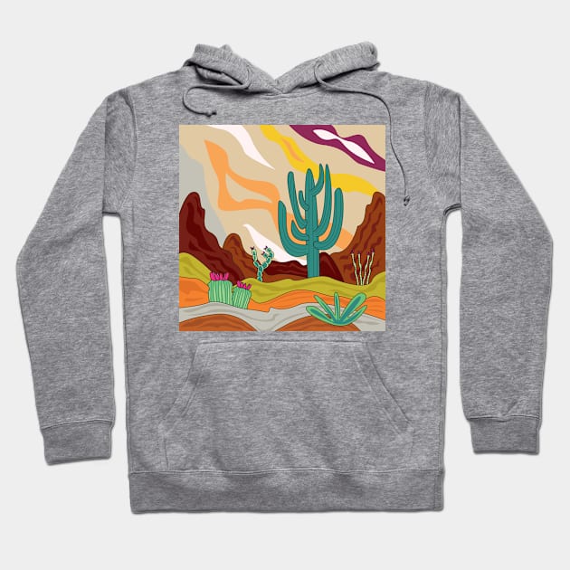 Desert climate, retro style, abstract cactus , sun, sand and mountains , Arizona Hoodie by WorldOfMine